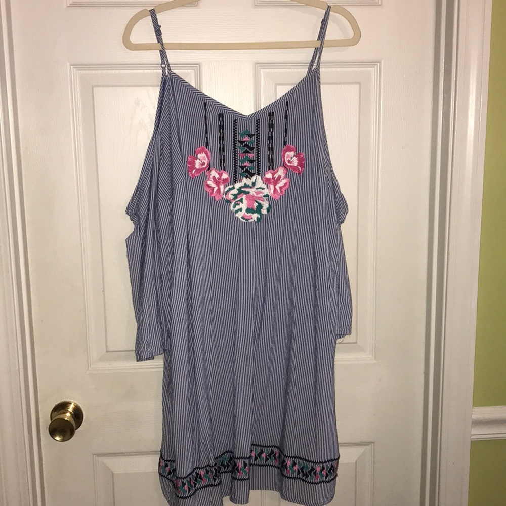 Open-Shoulder Blue Seersucker Embroidered Sundress